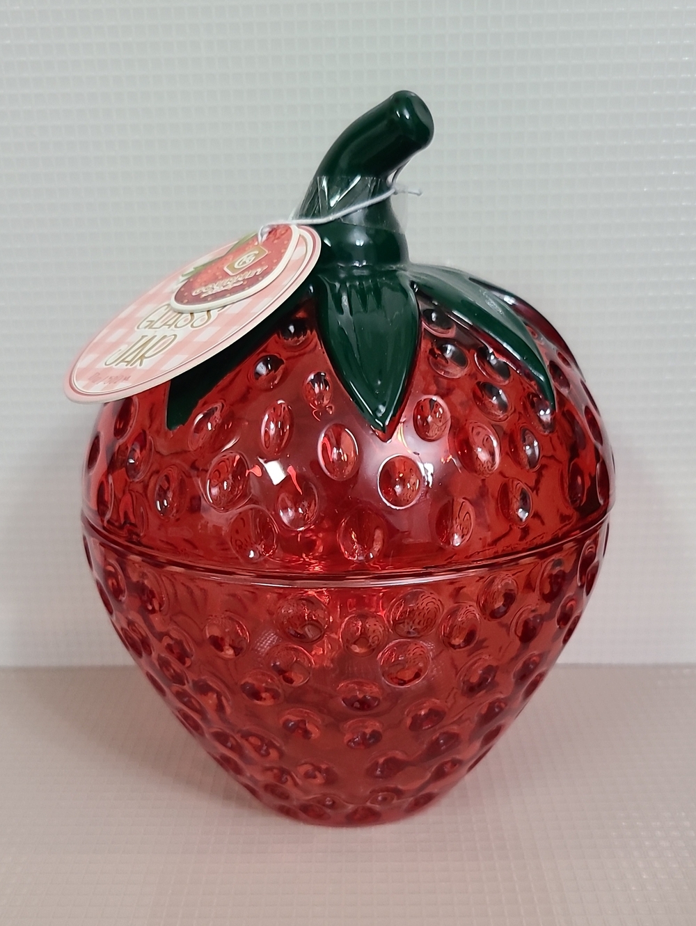 Glass Strawberry Candy Jar Trinket Jar with Green Leaf Lid